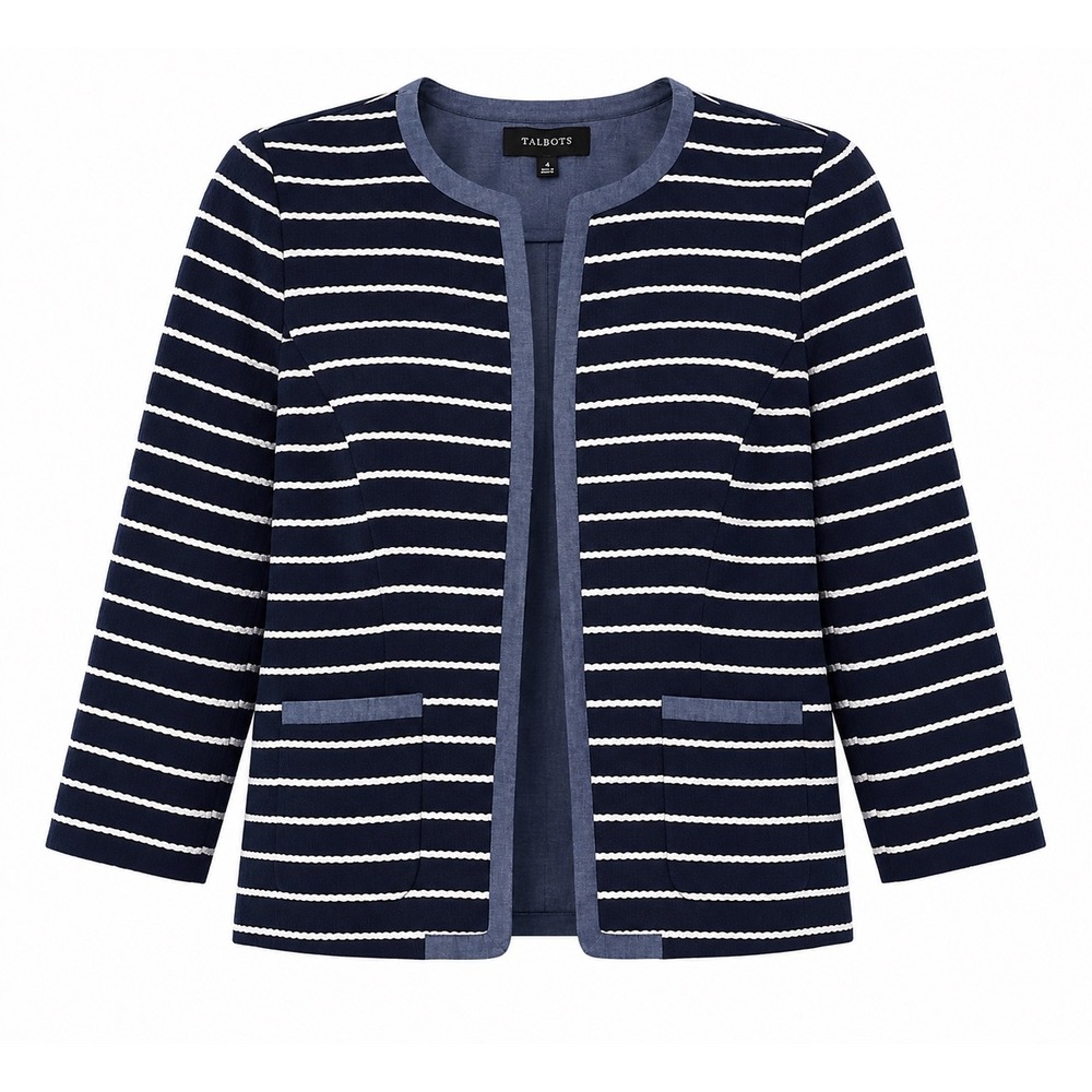 NWT Talbots Jacket 4 Navy White Stripe Chambray Trim Quiet Luxury MSRP $149